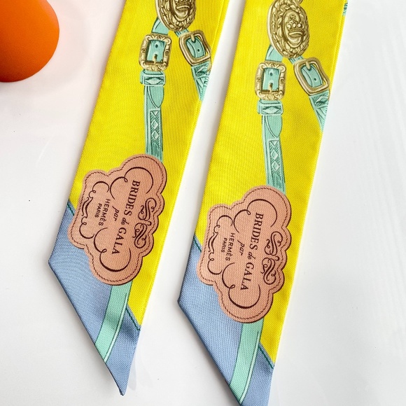 HERMES SILK YELLOW BEIGE BROWN BLUE Bandeau TWILLY WRAP SET OF 2 - Picture 15 of 16